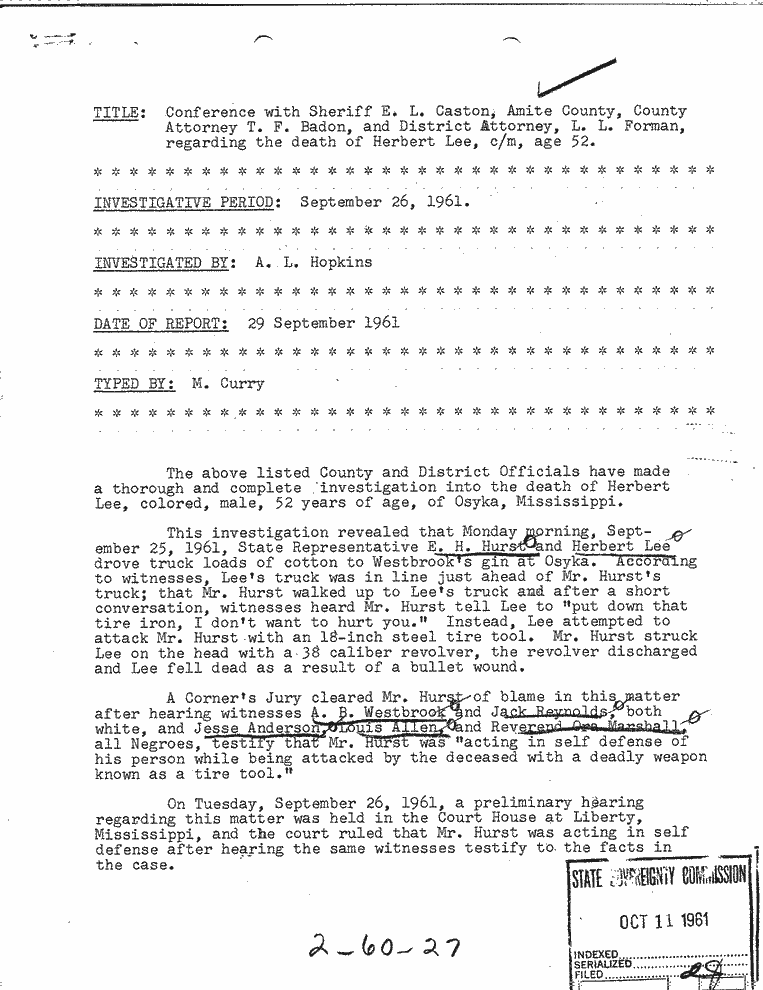 Mississippi Sovereignty Commission report on the murder of Herbert Lee, September 29, 1961, Sovereignty Commission Online, MDAH