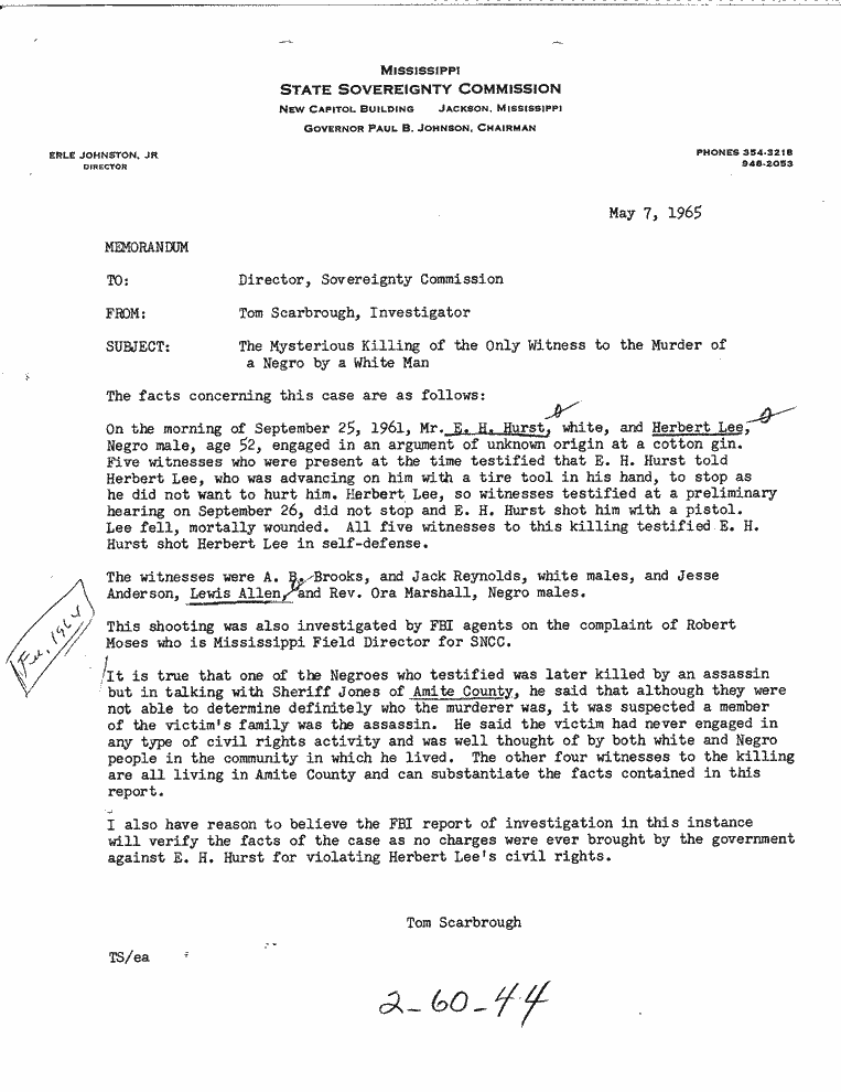 A Mississippi Sovereignty Commission memo linking the death of Louis Allen to the murder of Herbert Lee three years earlier, Sovereignty Commission Online, MDAH 