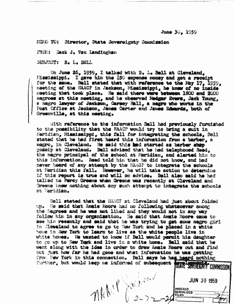 Mississippi Sovereignty Commission report on Bolivar NAACP, 1959, Sovereignty Commission Online, MDAH