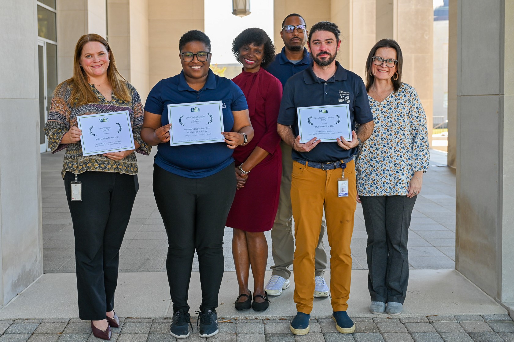 MDAH WINNERS: MDAH Southeastern Museums Conference Awards winners, from left to right, Tori Rice, Mikailah Jefferson, Shelia Byrd, Rodney Thompson, Mike Bienkowski and Elizabeth Grey